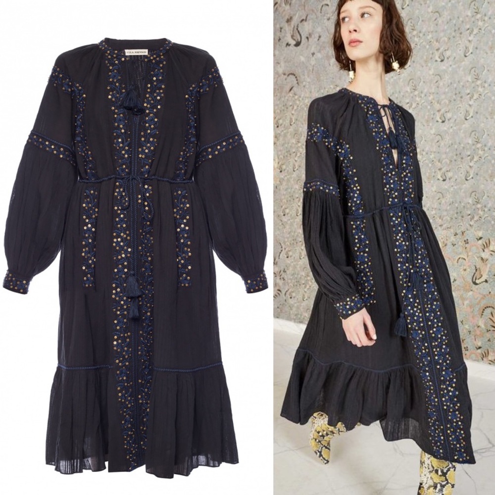 Ulla Johnson Dress Midi Maxi Black Long Sleeve Navy Cotton Embroidered Vanita 0